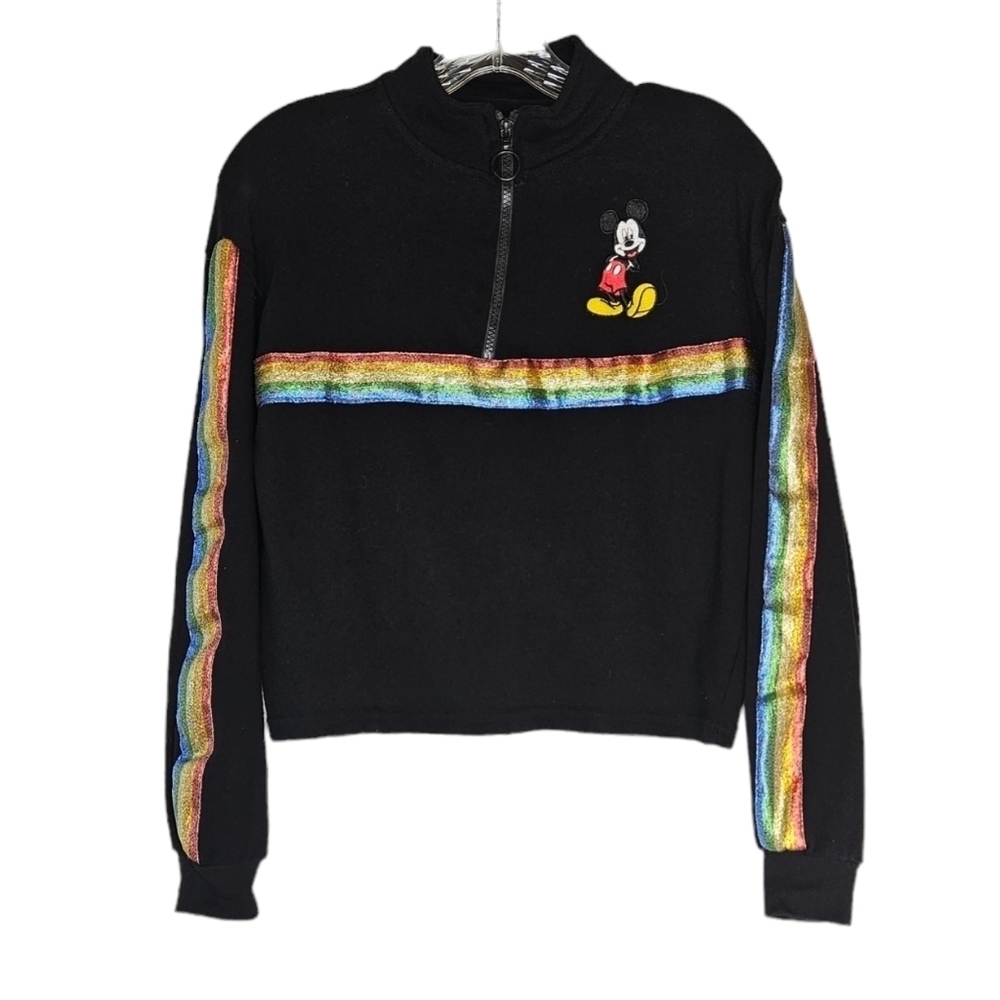 Disney cropped black quarter zip pullover with rainbow trim